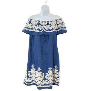 Beige by ECI Blue Chambray L Embroidered Ivory Floral OFF-SHOULDER Pockets Dress